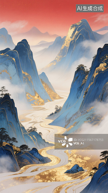【AI数字艺术】山河大场景插画，岩彩绘画，金箔色彩，金蓝箔图片素材