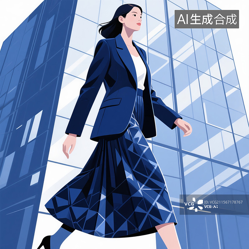【AI数字艺术】矢量插画版改良马面裙设计，深蓝缎面材质配几何抽象纹样，搭配廓形西装外套，人物在玻璃幕墙写字楼前行走图片素材