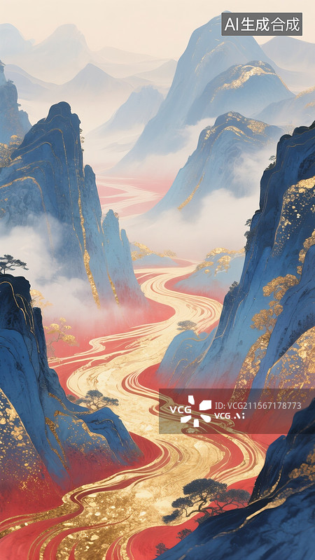 【AI数字艺术】山河大场景插画，岩彩绘画，金箔色彩，金蓝箔图片素材