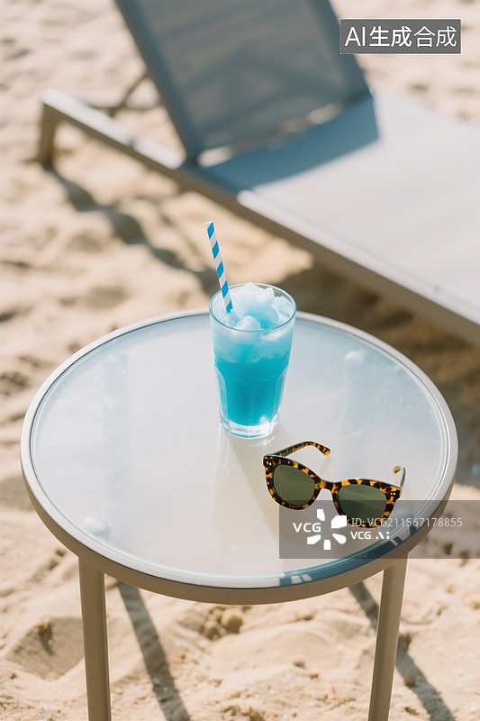 【AI数字艺术】俯拍沙滩躺椅，圆形玻璃桌中央放置雾玻璃杯蓝色冰沙饮品，蓝白吸管，玳瑁纹墨镜放在一边，柔焦光斑营造度假图片素材