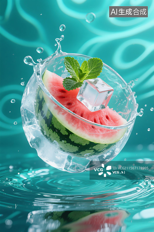 【AI数字艺术】明球形冰碗盛装西瓜汁，悬浮薄荷冰立方特写，背景蓝绿色水波纹投影图片素材
