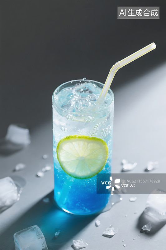 【AI数字艺术】分层渐变蓝色气泡饮俯视图，吸管斜插带出气泡上升轨迹，杯底沉有青柠切片图片素材