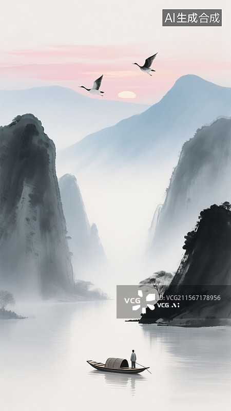 【AI数字艺术】水墨艺术融入空灵、落寞、山水意境，极简主义，人在孤舟上，青山两岸相对，大雁横空飞翔，一抹晚霞图片素材
