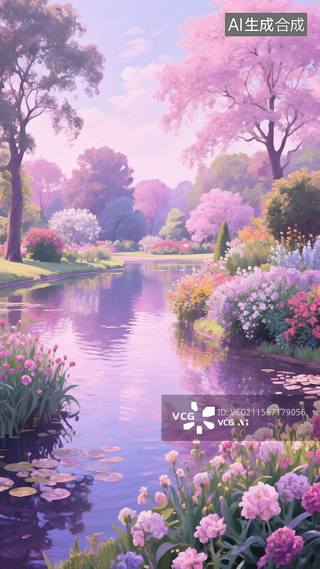 【AI数字艺术】公园美景，莫奈花园版插画图片素材