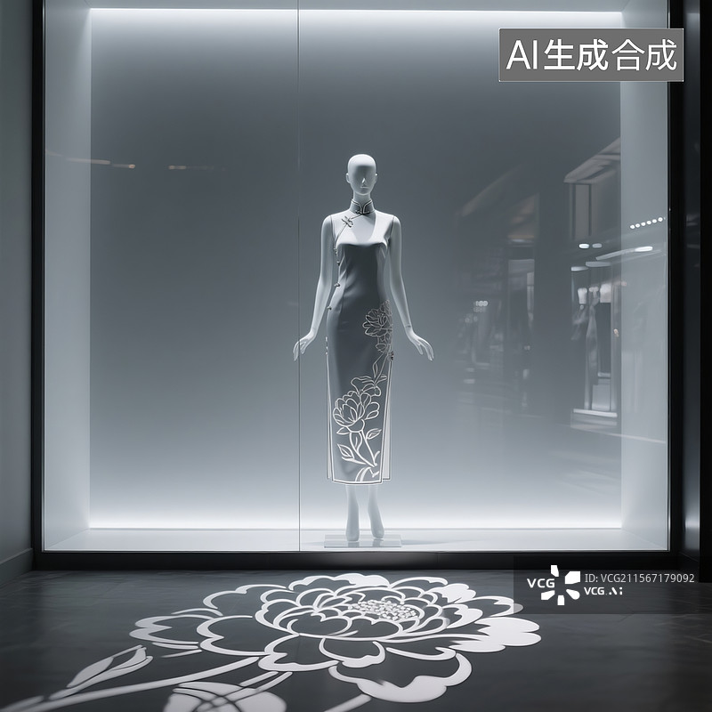 【AI数字艺术】极简主义商业橱窗设计，灰调亚克力模特展示立领斜襟旗袍图片素材