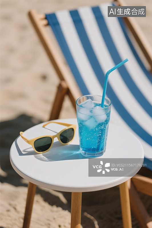 【AI数字艺术】沙滩躺椅旁边小圆桌上放着一杯蓝色气泡水，，一只弯管吸管，里面加了冰块，旁边放着墨镜，高清特写图片素材