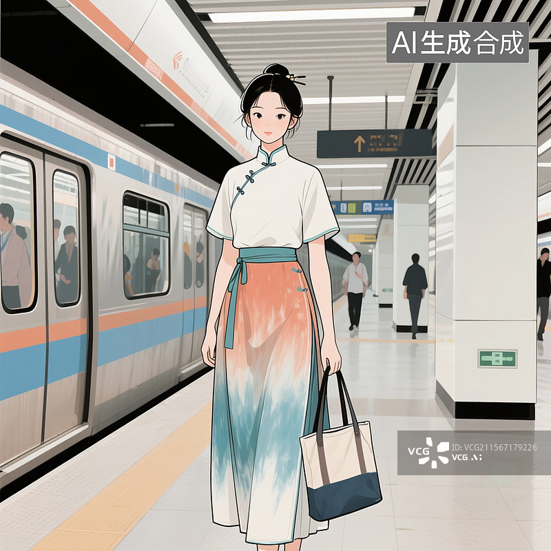 【AI数字艺术】手绘风格改良汉服插画，立领短衫配及膝马面裙，渐变扎染工艺处理，搭配现代托特包图片素材