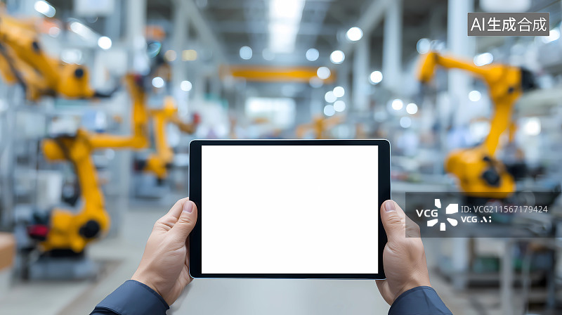 【AI数字艺术】人工智能车间里用平板电脑控制机械臂的工人图片素材