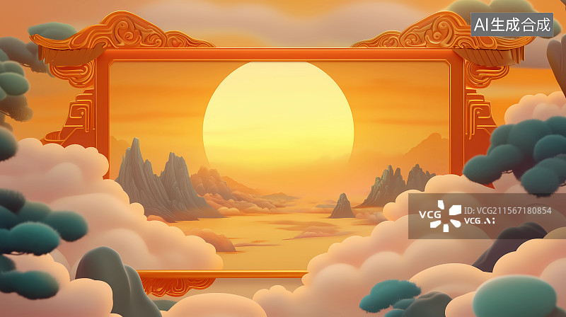 【AI数字艺术】国潮风中国祥云和山脉橙色背景图片素材