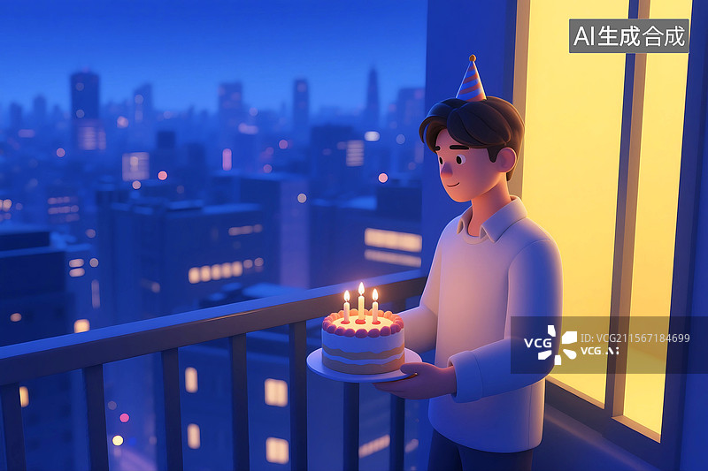 【AI数字艺术】3D三维C4D青年男人一个人孤独过生日图片素材