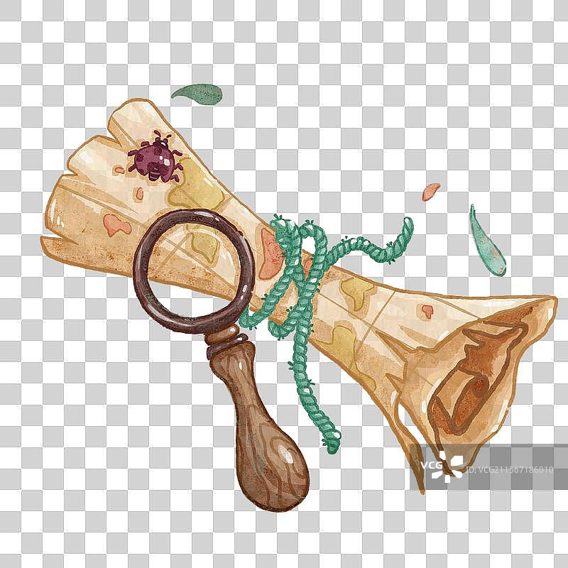 地图放大镜静物道具自然清新森系水彩插画图片素材