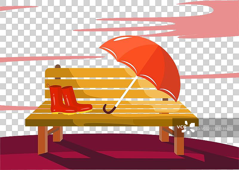 木制长椅上清理红色靴子和雨伞图片素材