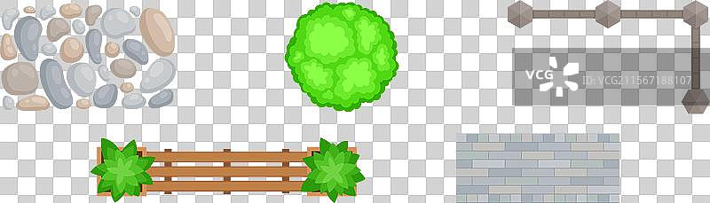 卵石长椅、人行道和绿色圆形灌木丛图片素材