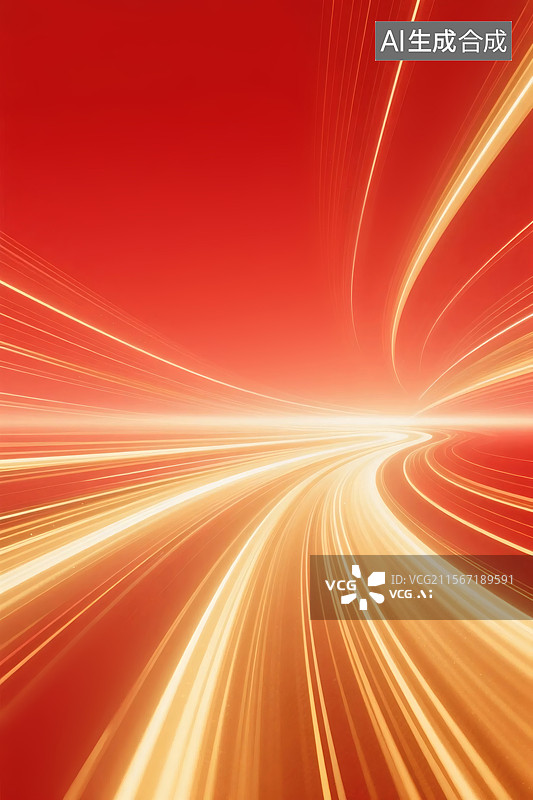 【AI数字艺术】红色背景中金色光线汇聚成一条明亮通道图片素材