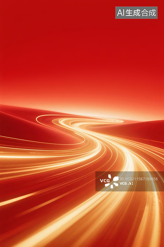 【AI数字艺术】红色背景下金色光线构成的流动曲线图案图片素材