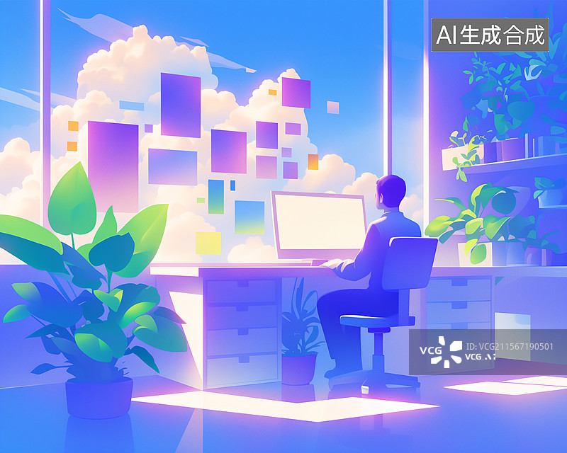 【AI数字艺术】男性坐在电脑前办公窗户盆栽阳光插画图片素材