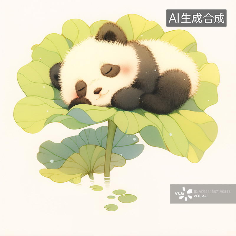 【AI数字艺术】可爱的熊猫宝宝趴在荷叶上睡觉夏天治愈插画图片素材