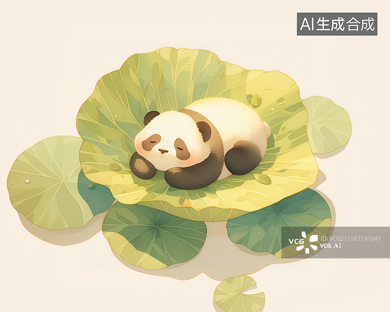 【AI数字艺术】可爱的熊猫宝宝趴在荷叶上睡觉夏天治愈插画图片素材