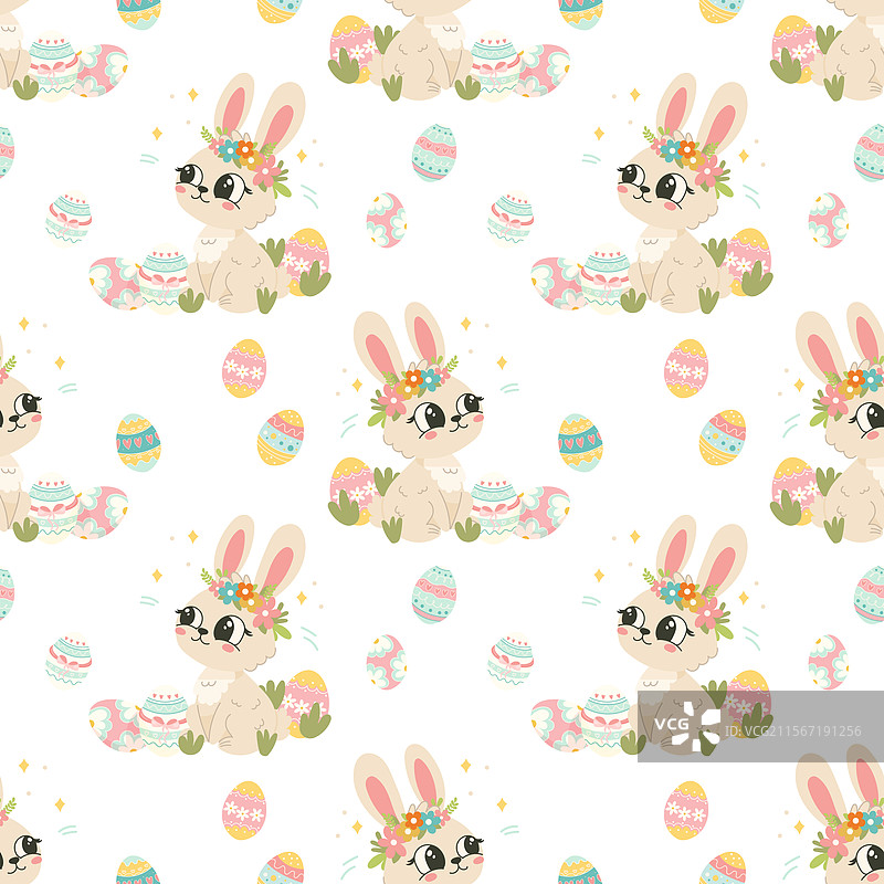 无缝手绘复活节兔子和鸡蛋图案图片素材