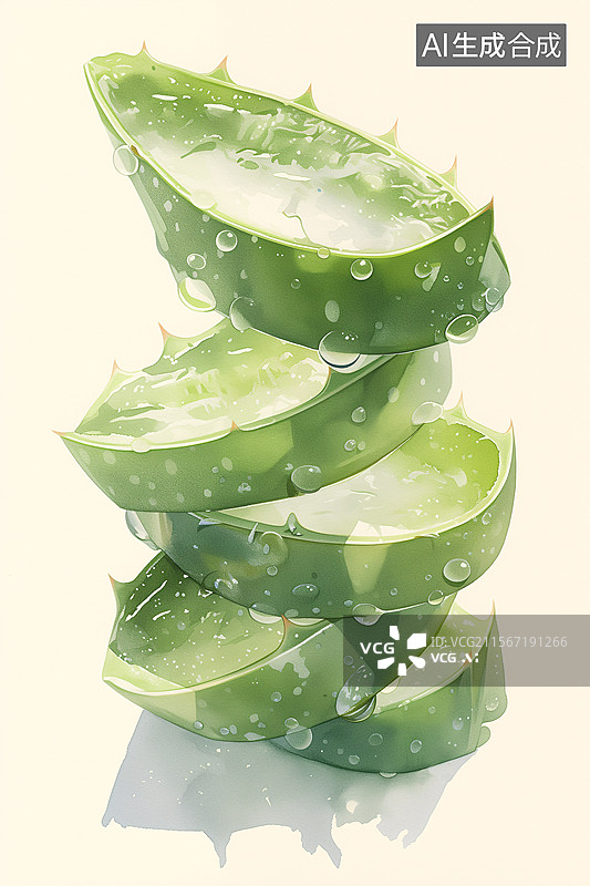 【AI数字艺术】天然新鲜的芦荟叶水珠插画图片素材