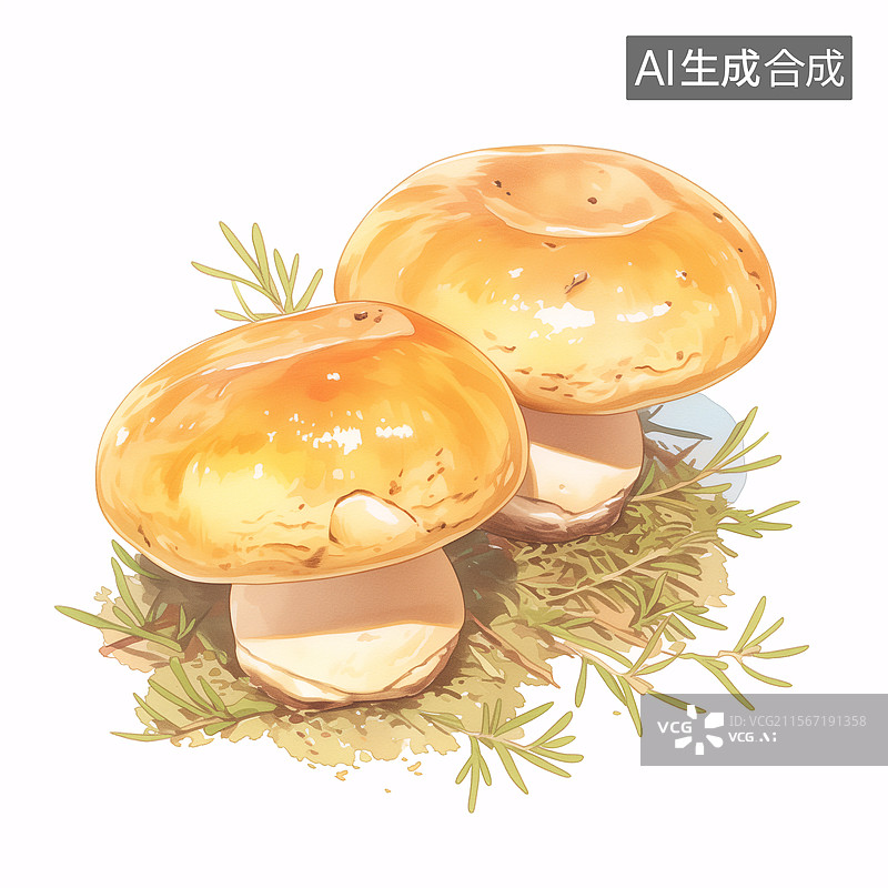 【AI数字艺术】两颗新鲜的香菇草叶食用菌插画图片素材