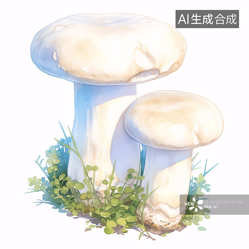 【AI数字艺术】两颗新鲜的杏鲍菇青草食用菌插画图片素材