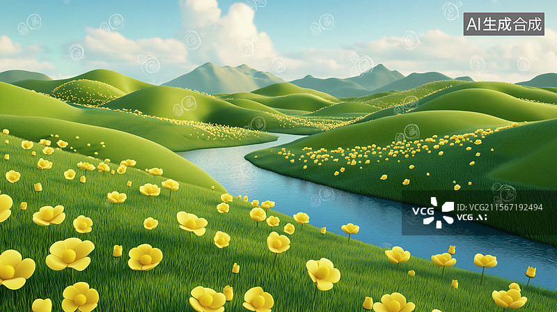 【AI数字艺术】童话般的小溪与花田图片素材