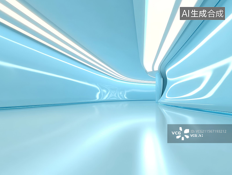 【AI数字艺术】未来感十足的蓝色走廊图片素材