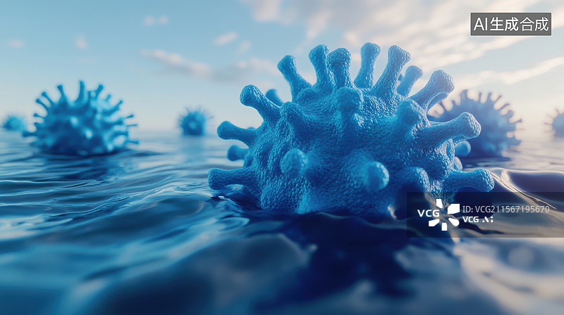 【AI数字艺术】漂浮在水面上的冠状病毒粒子图片素材