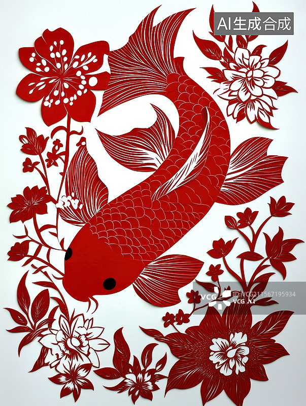 【AI数字艺术】红色剪纸艺术中的锦鲤与花卉图片素材