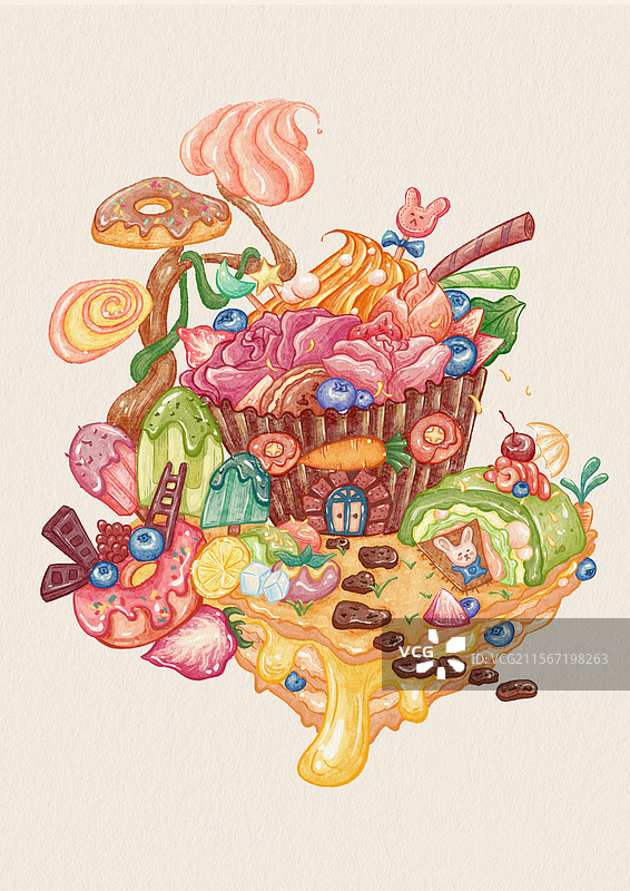 甜品屋甜品王国甜品点心童话缤纷梦幻水彩插画图片素材