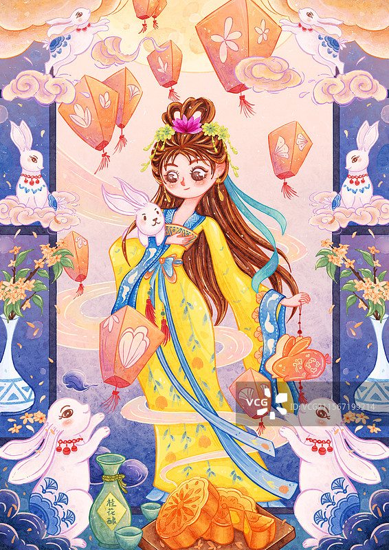 中秋节嫦娥玉兔月饼温馨热闹水彩插画图片素材