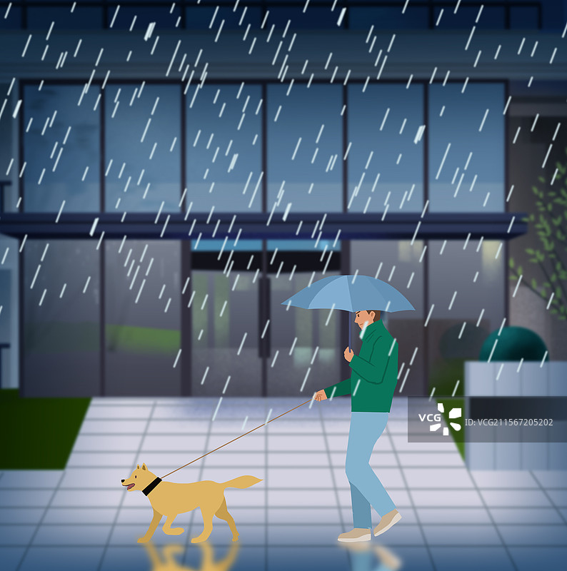 阴天下雨天大雨小区楼下一个人单身宠物萌宠可爱遛狗遛弯场景插画图片素材