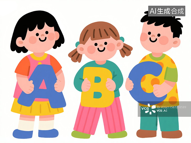 【AI数字艺术】三个孩子拿着字母ABC插画图片素材
