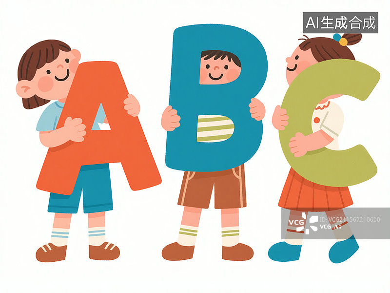 【AI数字艺术】三个孩子拿着字母ABC插画图片素材