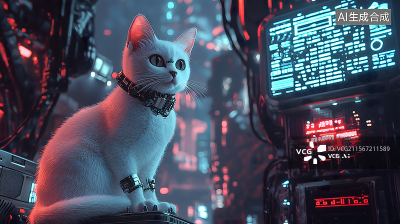 【AI数字艺术】黑金械瞳赛博世界中的机械猫影图片素材