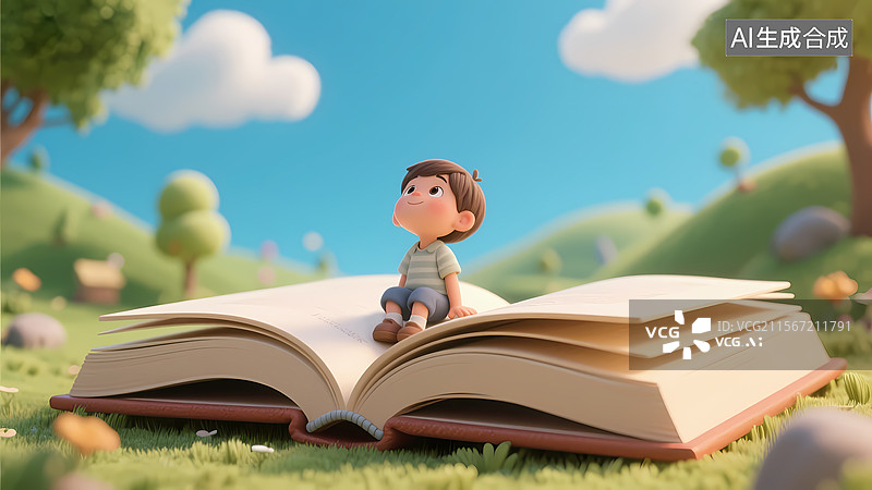 【AI数字艺术】一个孩子坐在大大的书上抬头看天空三维场景图片素材