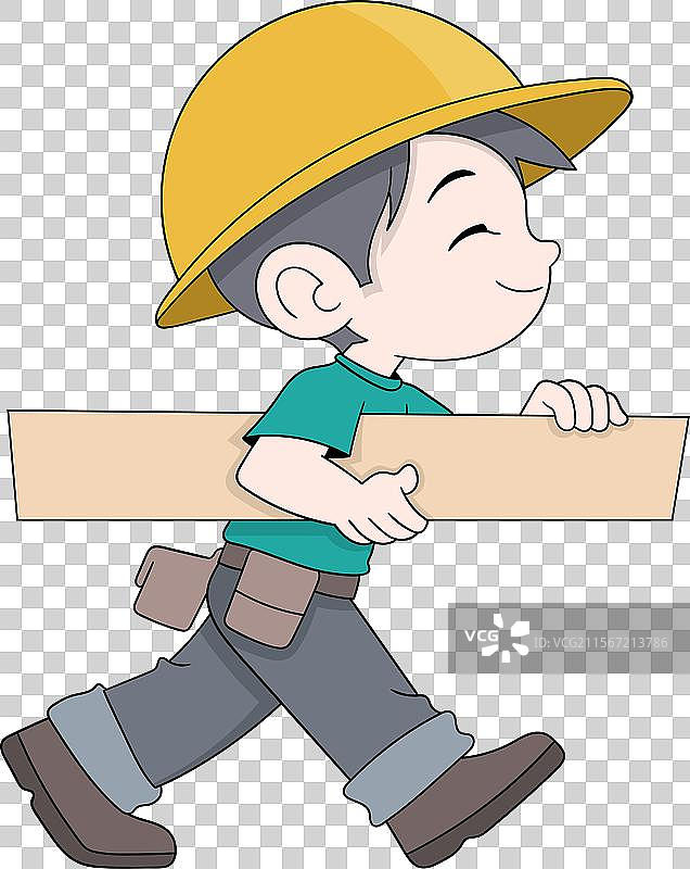 快乐的年轻木匠正在搬运木板图片素材