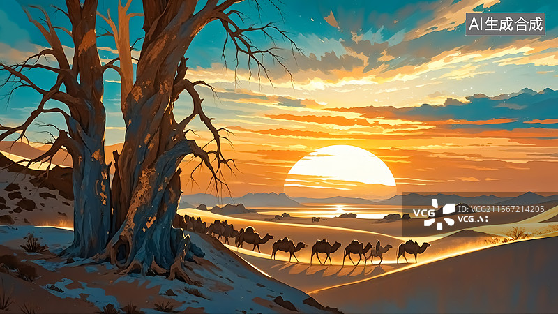 【AI数字艺术】沙漠骆驼商队插画图片素材