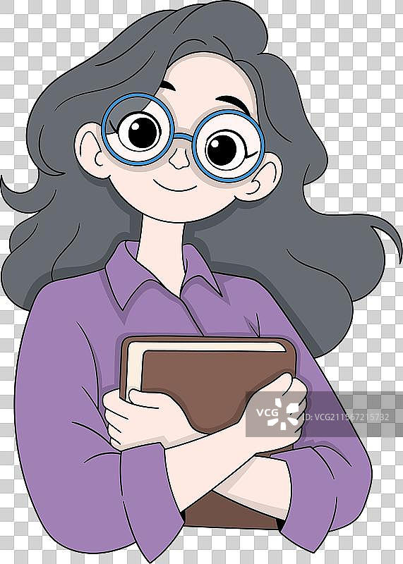 微笑的年轻女性戴着眼镜，手里拿着一本书图片素材