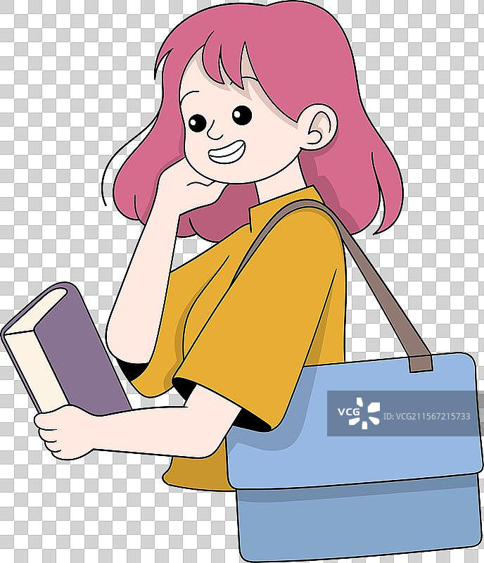 微笑的粉色头发学生手里拿着一本书和一个图片素材