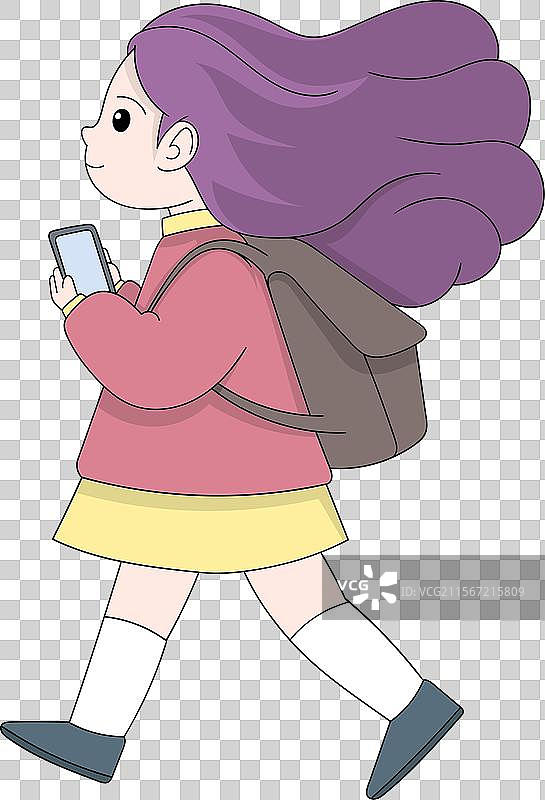 长发紫色的年轻女孩在走路图片素材