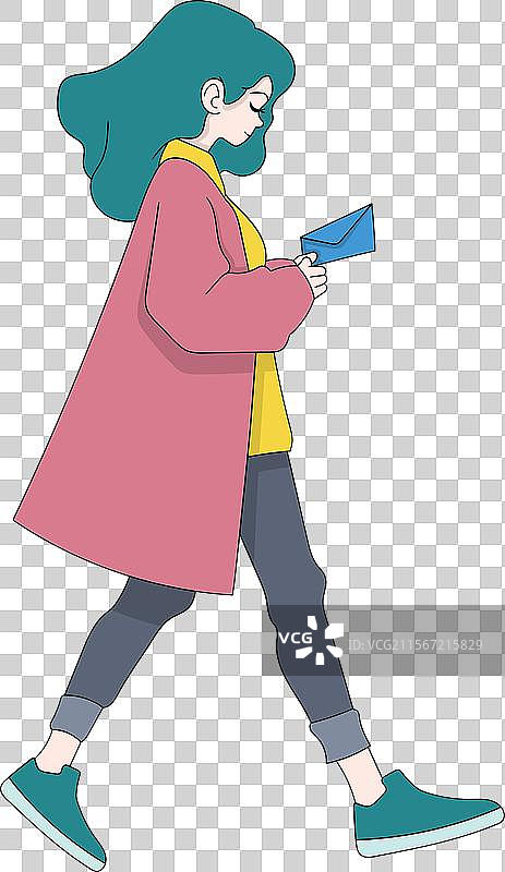 年轻女性手持蓝色信封走路图片素材