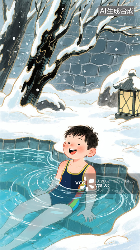 【AI数字艺术】雪天中开心泡温泉的男孩插画图片素材
