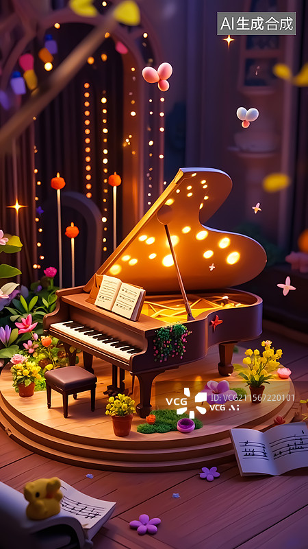 【AI数字艺术】华丽装饰的古典钢琴3D场景插画图片素材