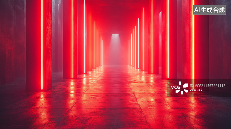 【AI数字艺术】红色霓虹灯照亮的未来主义走廊图片素材