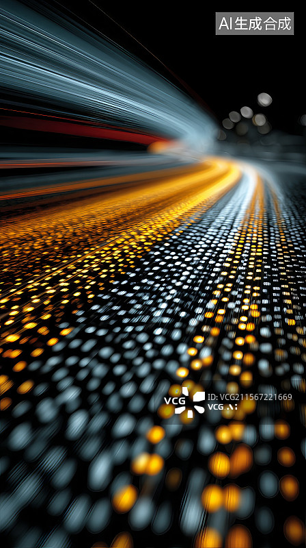 【AI数字艺术】夜间高速公路上的车灯轨迹图片素材