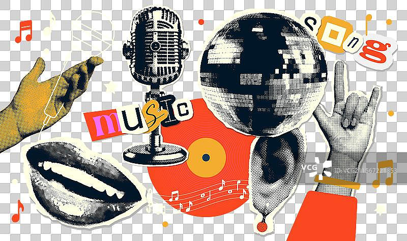 复古迷幻音乐拼贴元素套装图片素材