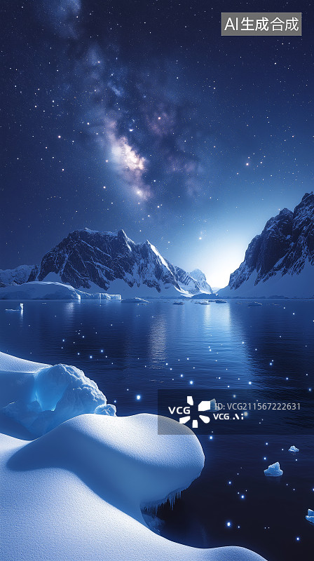 【AI数字艺术】夜空下的雪山湖泊图片素材