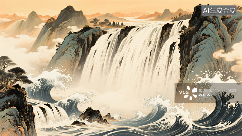 【AI数字艺术】中式山水瀑布景观插画图片素材